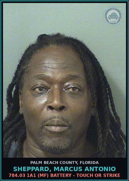 CCW arrest card for SHEPPARD, MARCUS ANTONIO in Palm Beach County: 784.03 1A1 (MF) BATTERY - TOUCH OR STRIKE