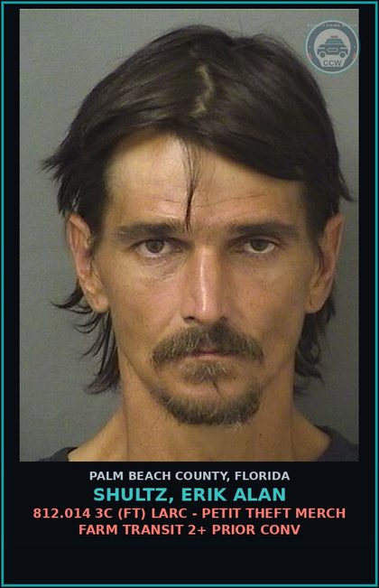 CCW arrest card for SHULTZ, ERIK ALAN in Palm Beach County: 812.014 3C (FT) LARC - PETIT THEFT MERCH FARM TRANSIT 2+ PRIOR CONV