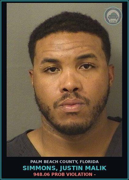 CCW arrest card for SIMMONS, JUSTIN MALIK in Palm Beach County: 948.06 PROB VIOLATION -