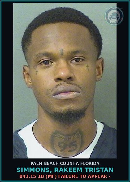 CCW arrest card for SIMMONS, RAKEEM TRISTAN in Palm Beach County: 843.15 1B (MF) FAILURE TO APPEAR -