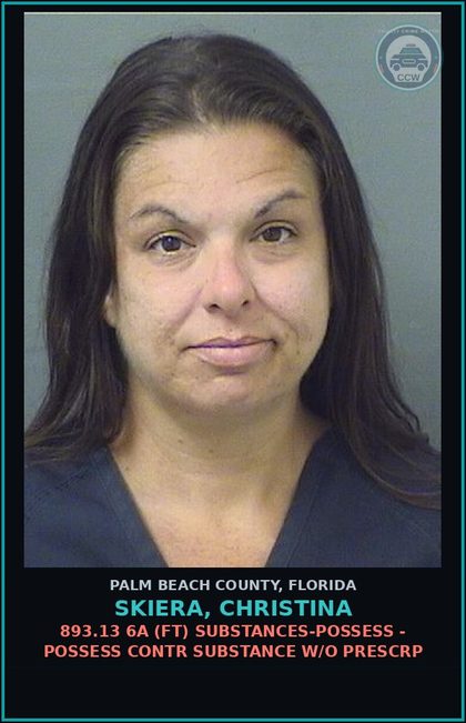 CCW arrest card for SKIERA, CHRISTINA in Palm Beach County: 893.13 6A (FT) DRUGS-POSSESS - POSSESS contr substance W/O PRESCRIPTION