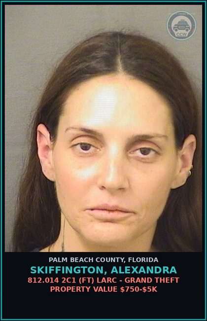 CCW arrest card for SKIFFINGTON, ALEXANDRA in Palm Beach County: 812.014 2C1 (FT) LARC - GRAND THEFT PROPERTY VALUE $750-$5K