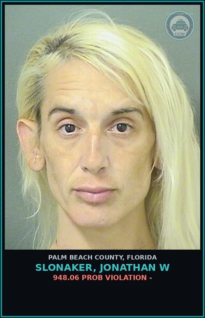 CCW arrest card for SLONAKER, JONATHAN W in Palm Beach County: 948.06 PROB VIOLATION -