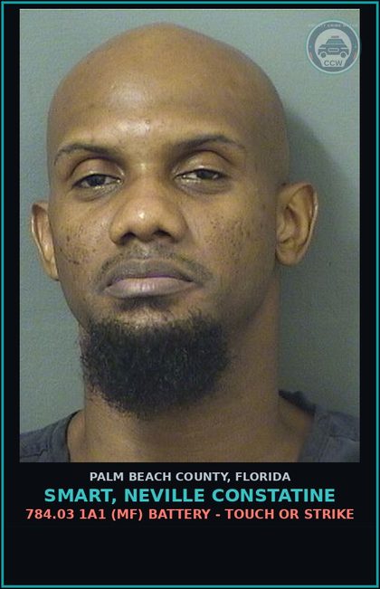 CCW arrest card for SMART, NEVILLE CONSTATINE in Palm Beach County: 784.03 1A1 (MF) BATTERY - TOUCH OR STRIKE