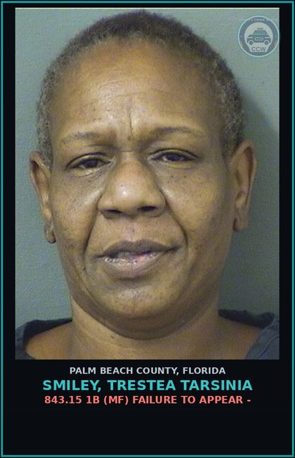 CCW arrest card for SMILEY, TRESTEA TARSINIA in Palm Beach County: 843.15 1B (MF) FAILURE TO APPEAR -