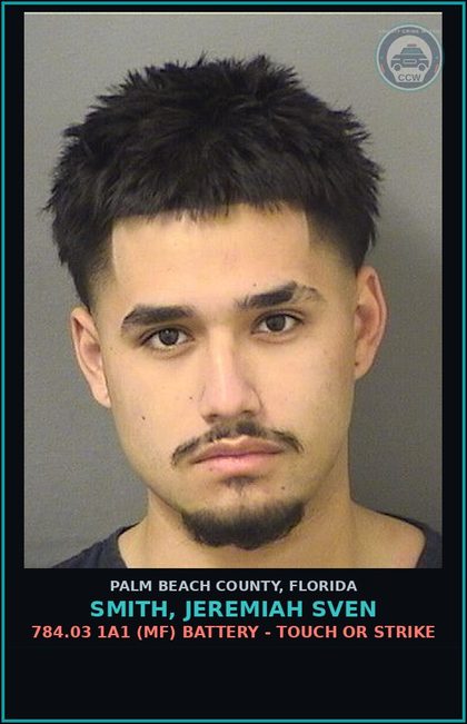 CCW arrest card for SMITH, JEREMIAH SVEN in Palm Beach County: 784.03 1A1 (MF) BATTERY - TOUCH OR STRIKE