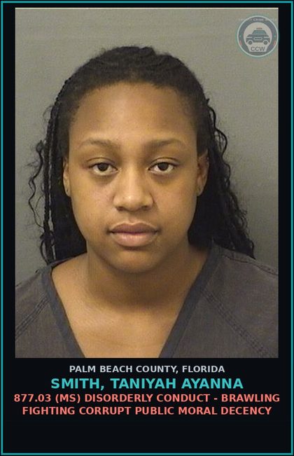 CCW arrest card for SMITH, TANIYAH AYANNA in Palm Beach County: 877.03 (MS) DISORDERLY CONDUCT - BRAWLING FIGHTING CORRUPT PUBLIC MORAL DECENCY