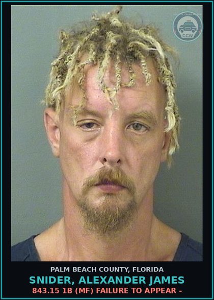 CCW arrest card for SNIDER, ALEXANDER JAMES in Palm Beach County: 843.15 1B (MF) FAILURE TO APPEAR -