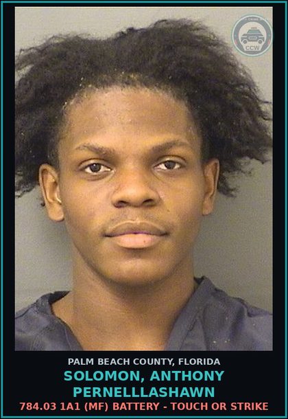 CCW arrest card for SOLOMON, ANTHONY PERNELLLASHAWN in Palm Beach County: 784.03 1A1 (MF) BATTERY - TOUCH OR STRIKE