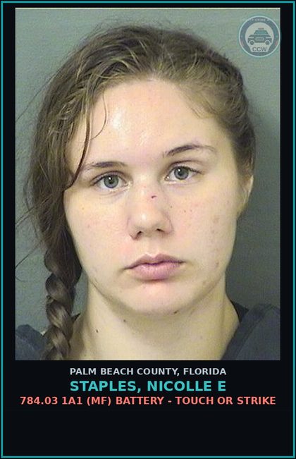 CCW arrest card for STAPLES, NICOLLE E in Palm Beach County: 784.03 1A1 (MF) BATTERY - TOUCH OR STRIKE