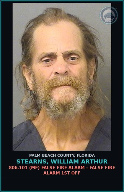 CCW arrest card for STEARNS, WILLIAM ARTHUR in Palm Beach County: 806.101 (MF) FALSE FIRE ALARM - FALSE FIRE ALARM 1ST OFF
