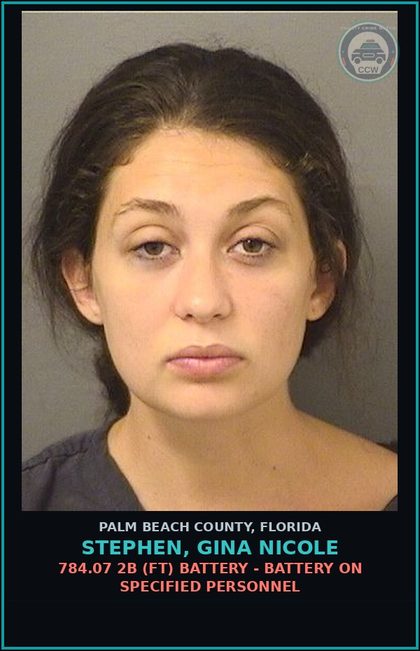 CCW arrest card for STEPHEN, GINA NICOLE in Palm Beach County: 784.07 2B (FT) BATTERY - BATTERY ON SPECIFIED PERSONNEL