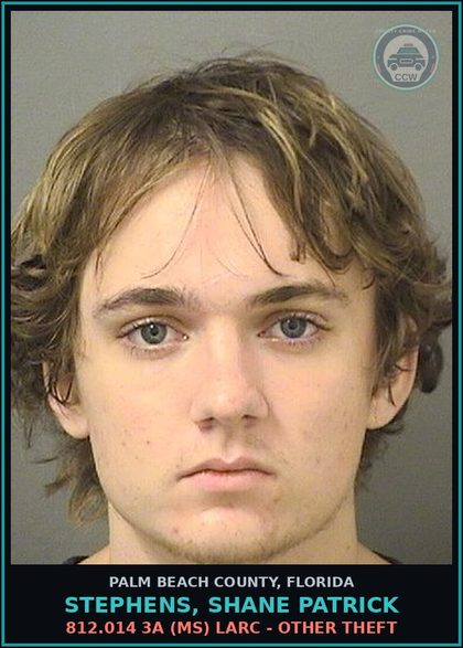 CCW arrest card for STEPHENS, SHANE PATRICK in Palm Beach County: 812.014 3A (MS) LARC - OTHER THEFT