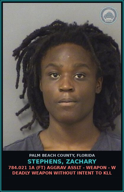 CCW arrest card for STEPHENS, ZACHARY in Palm Beach County: 784.021 1A (FT) AGGRAV ASSLT - WEAPON - W DEADLY WEAPON WITHOUT INTENT TO KILL