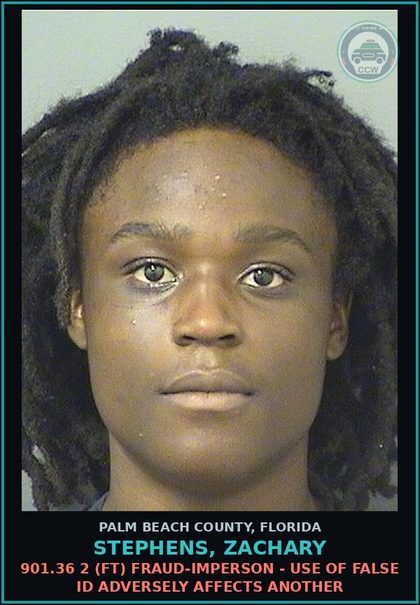 CCW arrest card for STEPHENS, ZACHARY in Palm Beach County: 316.1935 3A (FS) FLEE/ELUDE POLICE - FLEE ELUDE HIGH SPEED OR DISR SAFETY PERS PROP