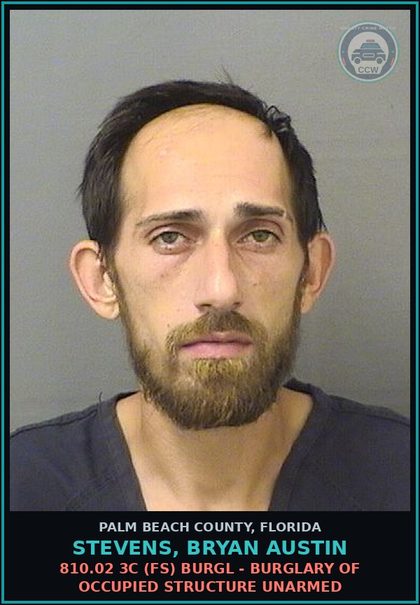CCW arrest card for STEVENS, BRYAN AUSTIN in Palm Beach County: 812.014 2C1 (FT) LARC - GRAND THEFT PROPERTY VALUE $750-$5K