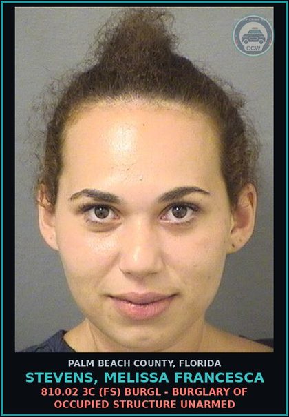 CCW arrest card for STEVENS, MELISSA FRANCESCA in Palm Beach County: 812.014 2C1 (FT) LARC - GRAND THEFT PROPERTY VALUE $750-$5K