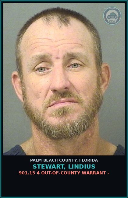 CCW arrest card for STEWART, LINDIUS in Palm Beach County: 901.15 4 OUT-OF-COUNTY WARRANT -