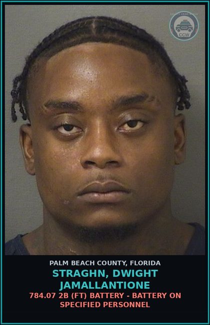 CCW arrest card for STRAGHN, DWIGHT JAMALLANTIONE in Palm Beach County: 843.01 1 (FT) RESIST OFFICER - RESIST OFFICER WITH VIOLENCE
