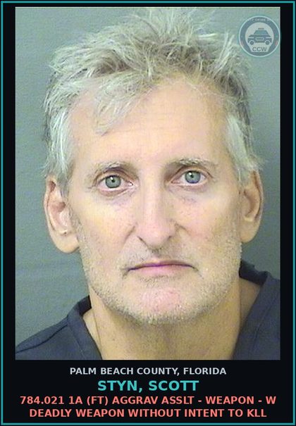 CCW arrest card for STYN, SCOTT in Palm Beach County: 784.021 1A (FT) AGGRAV ASSLT - WEAPON - W DEADLY WEAPON WITHOUT INTENT TO KILL