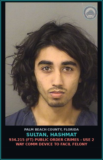 CCW arrest card for SULTAN, HASHMAT in Palm Beach County: 836.10 2A (FS) INTIMIDATION - WRITTEN/ELEC THREAT TO KILL BODILY HARM ANOTHR