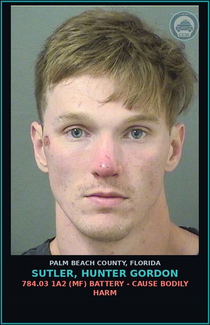 CCW arrest card for SUTLER, HUNTER GORDON in Palm Beach County: 784.03 1A2 (MF) BATTERY - CAUSE BODILY HARM