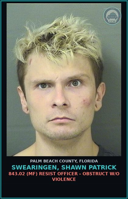 CCW arrest card for SWEARINGEN, SHAWN PATRICK in Palm Beach County: 843.02 (MF) RESIST OFFICER - OBSTRUCT W/O VIOLENCE