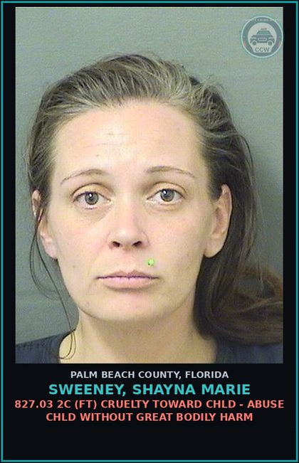 CCW arrest card for SWEENEY, SHAYNA MARIE in Palm Beach County: 827.03 2C (FT) CRUELTY TOWARD chld - ABUSE chld WITHOUT GREAT BODILY HARM