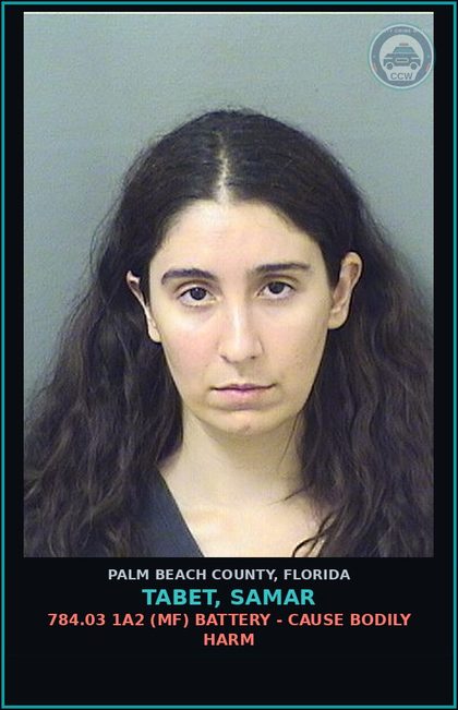CCW arrest card for TABET, SAMAR in Palm Beach County: 784.03 1A2 (MF) BATTERY - CAUSE BODILY HARM