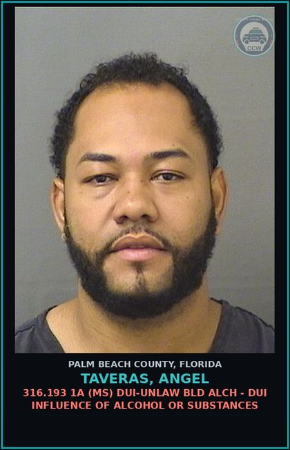 CCW arrest card for TAVERAS, ANGEL in Palm Beach County: 316.193 1A (MS) DUI-UNLAW BLD ALCH - DUI INFLUENCE OF ALCOHOL OR DRUGS
