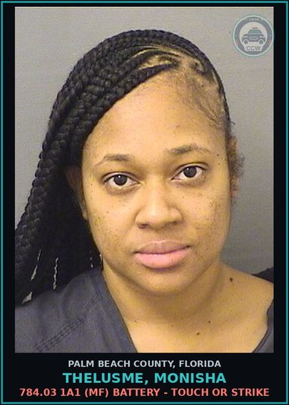 CCW arrest card for THELUSME, MONISHA in Palm Beach County: 784.03 1A1 (MF) BATTERY - TOUCH OR STRIKE
