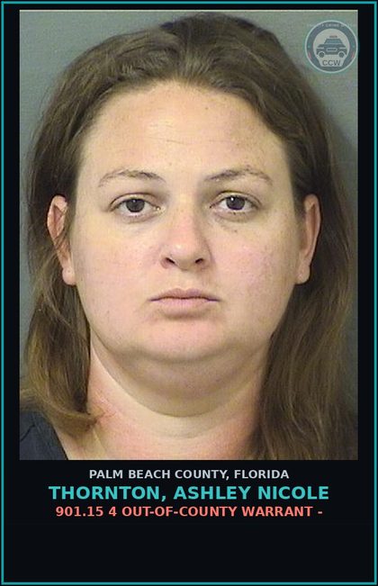 CCW arrest card for THORNTON, ASHLEY NICOLE in Palm Beach County: 901.15 4 OUT-OF-COUNTY WARRANT -