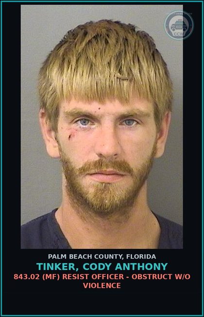 CCW arrest card for TINKER, CODY ANTHONY in Palm Beach County: 893.13 6A (FT) DRUGS-POSSESS - POSSESS contr substance W/O PRESCRIPTION