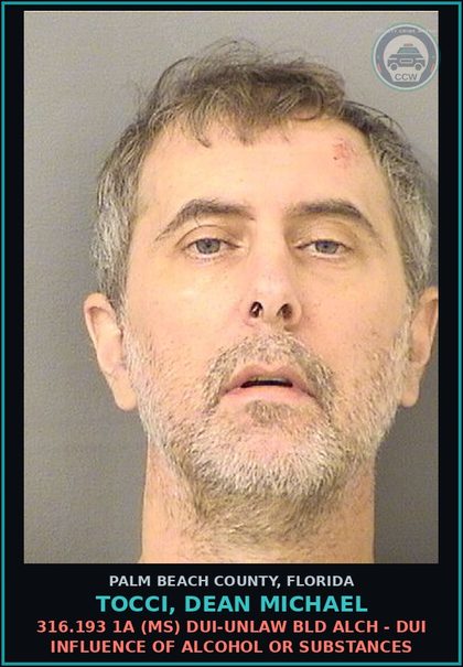 CCW arrest card for TOCCI, DEAN MICHAEL in Palm Beach County: 316.193 1A (MS) DUI-UNLAW BLD ALCH - DUI INFLUENCE OF ALCOHOL OR DRUGS