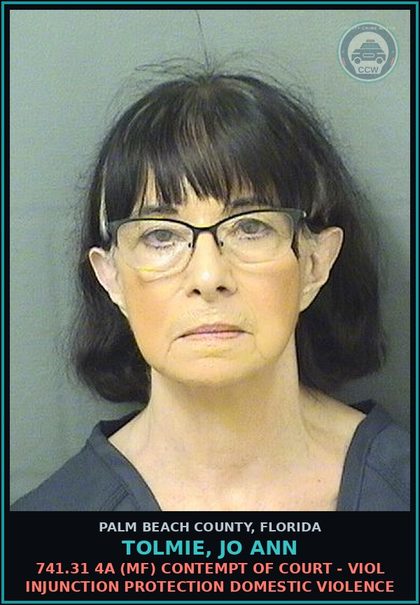 CCW arrest card for TOLMIE, JO ANN in Palm Beach County: 741.31 4A (MF) CONTEMPT OF COURT - VIOL INJUNCTION PROTECTION DOMESTIC VIOLENCE
