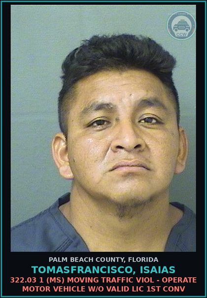 CCW arrest card for TOMASFRANCISCO, ISAIAS in Palm Beach County: 322.03 1 (MS) MOVING TRAFFIC VIOL - OPERATE MOTOR VEHICLE W/O VALID LIC 1ST CONV