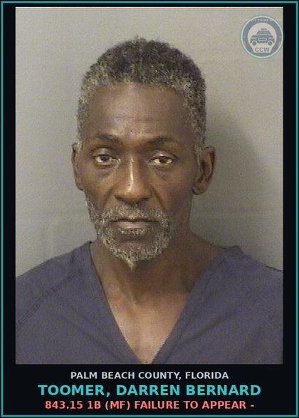 CCW arrest card for TOOMER, DARREN BERNARD in Palm Beach County: 843.15 1B (MF) FAILURE TO APPEAR -