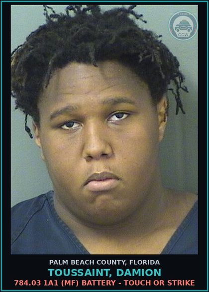 CCW arrest card for TOUSSAINT, DAMION in Palm Beach County: 784.03 1A1 (MF) BATTERY - TOUCH OR STRIKE