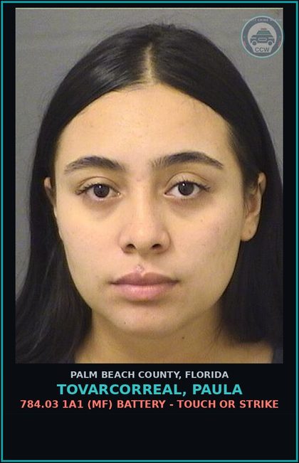 CCW arrest card for TOVARCORREAL, PAULA in Palm Beach County: 784.03 1A1 (MF) BATTERY - TOUCH OR STRIKE