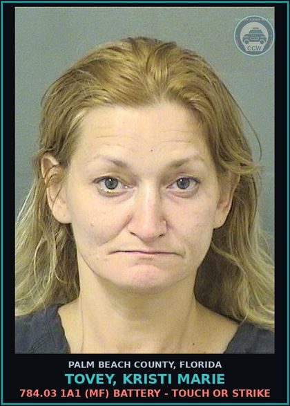 CCW arrest card for TOVEY, KRISTI MARIE in Palm Beach County: 784.03 1A1 (MF) BATTERY - TOUCH OR STRIKE