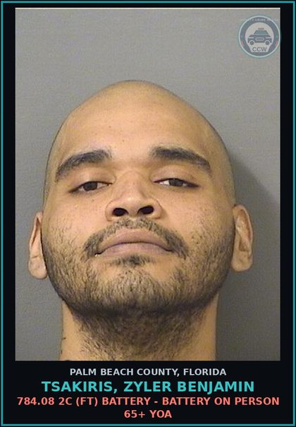 CCW arrest card for TSAKIRIS, ZYLER BENJAMIN in Palm Beach County: 784.08 2C (FT) BATTERY - BATTERY ON PERSON 65+ YOA