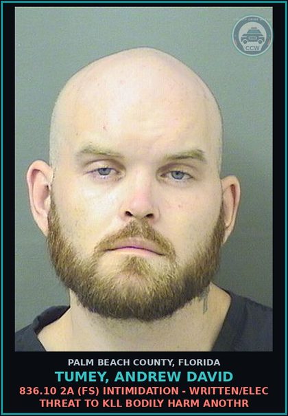 CCW arrest card for TUMEY, ANDREW DAVID in Palm Beach County: 836.10 2A (FS) INTIMIDATION - WRITTEN/ELEC THREAT TO KILL BODILY HARM ANOTHR