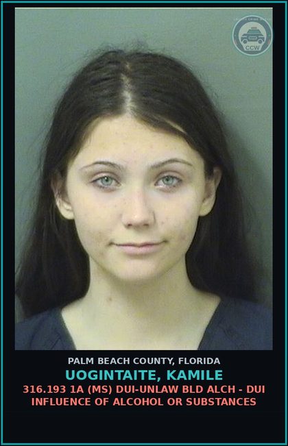 CCW arrest card for UOGINTAITE, KAMILE in Palm Beach County: 316.193 1A (MS) DUI-UNLAW BLD ALCH - DUI INFLUENCE OF ALCOHOL OR DRUGS