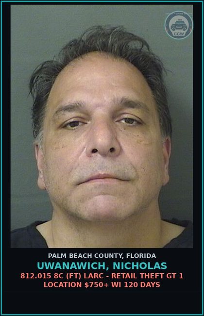 CCW arrest card for UWANAWICH, NICHOLAS in Palm Beach County: 812.015 8C (FT) LARC - RETAIL THEFT GT 1 LOCATION $750+ WI 120 DAYS