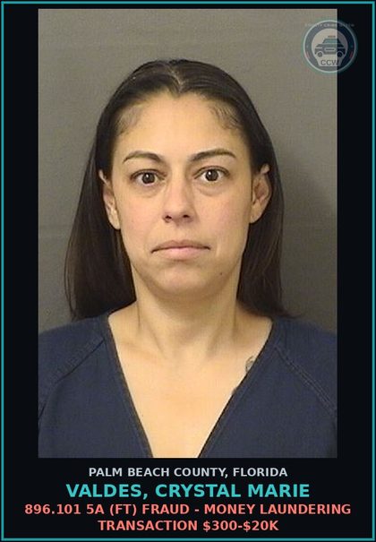 CCW arrest card for VALDES, CRYSTAL MARIE in Palm Beach County: 896.101 5A (FT) FRAUD - MONEY LAUNDERING TRANSACTION $300-$20K