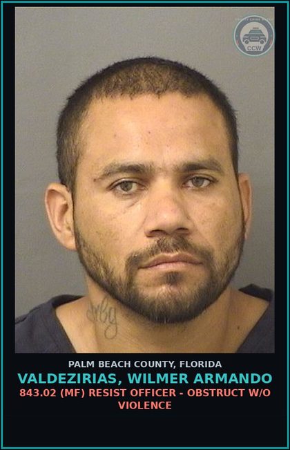 CCW arrest card for VALDEZIRIAS, WILMER ARMANDO in Palm Beach County: 843.15 1B (MF) FAILURE TO APPEAR -