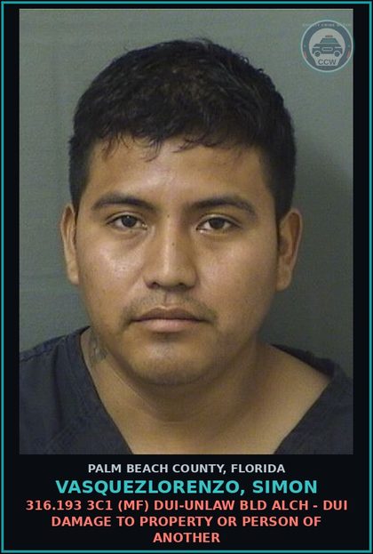 CCW arrest card for VASQUEZLORENZO, SIMON in Palm Beach County: 316.193 3C1 (MF) DUI-UNLAW BLD ALCH - DUI DAMAGE TO PROPERTY OR PERSON OF ANOTHER