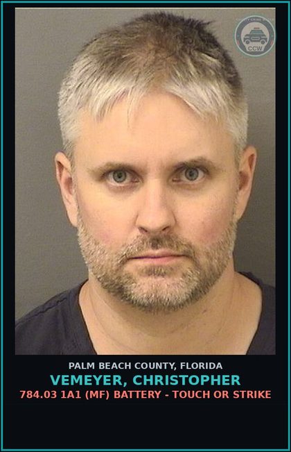 CCW arrest card for VEMEYER, CHRISTOPHER in Palm Beach County: 784.03 1A1 (MF) BATTERY - TOUCH OR STRIKE