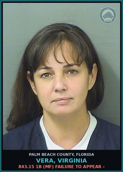 CCW arrest card for VERA, VIRGINIA in Palm Beach County: 843.15 1B (MF) FAILURE TO APPEAR -