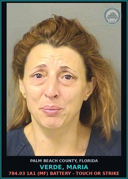 CCW arrest card for VERDE, MARIA in Palm Beach County: 784.03 1A1 (MF) BATTERY - TOUCH OR STRIKE